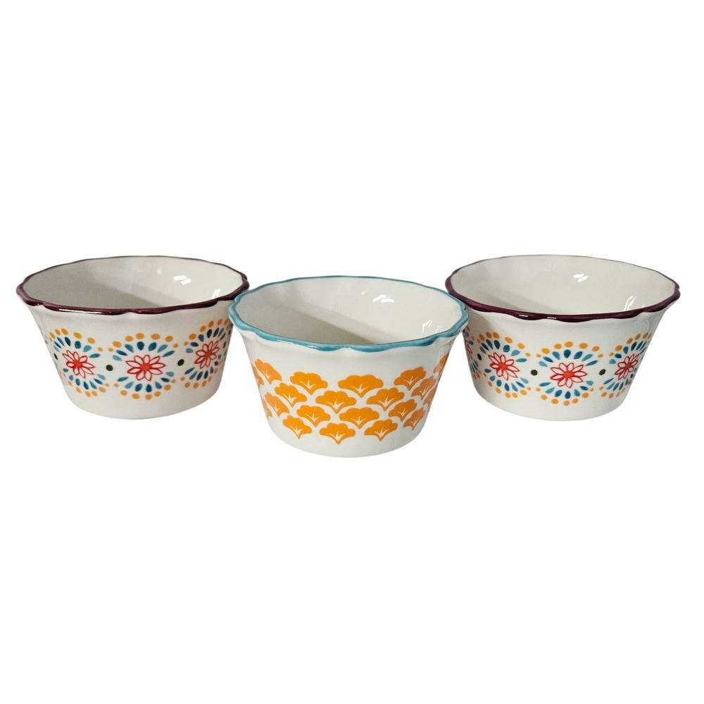 The Pioneer Woman Ramekin Set 3pc Multicolor Floral Fan Scalloped Edge Stoneware